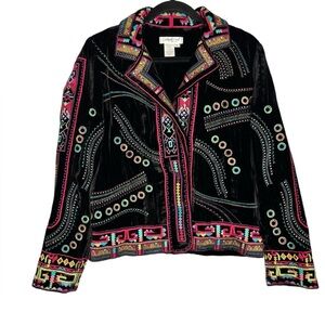 Coldwater Creek Black Velvet Jacket Colorful Embroidery Boho Southwestern Small